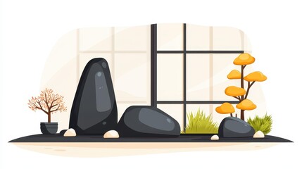 Sticker - Create a peaceful escape with this minimalist Zen rock garden, showcasing raked gravel and elegant stone placements.