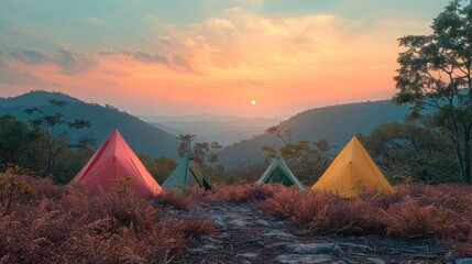 Wall Mural - Camping Adventure in Mountainous Landscape at Sunset