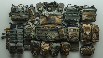 The significance of Defense Day through caps, badges, weapons, and military bags displayed on a white background. These treasures represent the honor,and dedication of those who protect the nation.