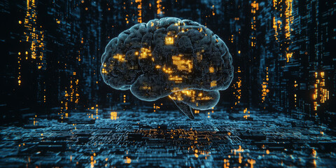 Abstract brain and binary code circuit on blue wallpaper. Chip, data, ai, and future concept