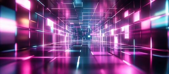 Poster - Futuristic Neon Light Background with Reflective Floor Abstract Virtual Reality and Internet Data Network Connection 3D Rendered Scene
