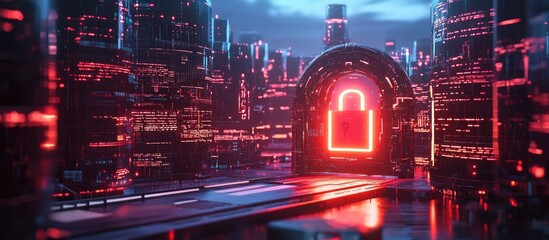 Poster - Digital Lock for Cyber Security Protecting Global Data Networks with Advanced Technology Futuristic Concept in 3D Rendering