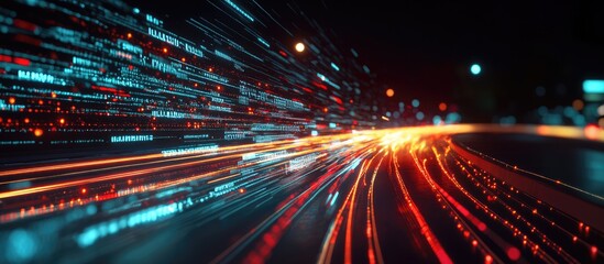 Poster - Light trails depicting data processing on a dark background Concept of global technology computing and digital interfaces in a digitally generated artwork