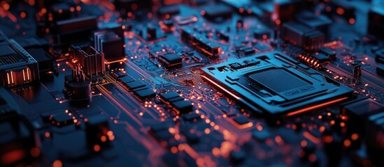 Poster - Futuristic Technology Background with Abstract High Tech Texture and Electronic Motherboard for Innovative Data Connections