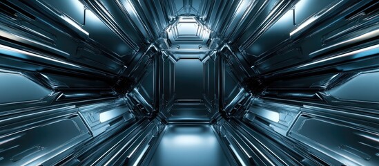 Poster - Futuristic Abstract Wallpaper with Layered Panels and Geometric Design Reflective 3D Metallic Texture Featuring a Spaceship Pattern