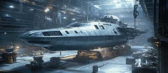 Poster - Futuristic military ship production in a factory setting Humans and robots collaboration 3D rendering and illustration