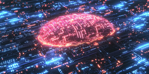 Abstract brain and binary code circuit on blue wallpaper. Chip, data, ai, and future concept