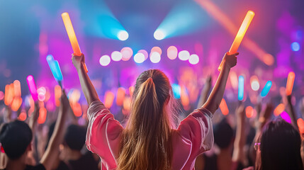 A woman is holding two orange and blue plastic sticks in her hands and is surrounded by a crowd of people. The atmosphere is lively and energetic, with everyone enjoying the event.