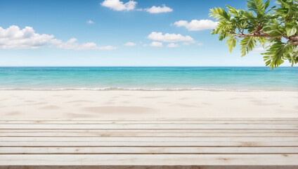 Wall Mural - Empty white wooden table top for product display with white sand beach background