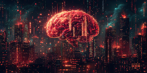 Abstract brain and binary code circuit on blue wallpaper. Chip, data, ai, and future concept