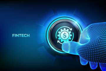 Wall Mural - Fintech. Financial technology, online banking and crowdfunding. Business investment banking payment technology concept. Closeup finger about to press a button with Fintech icon. Vector illustration.