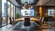 © suteeda - Modern meeting room with large interactive touch screens for presentations and video conferencing.