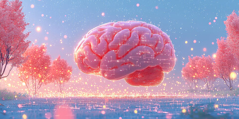 Abstract brain and binary code circuit on blue wallpaper. Chip, data, ai, and future concept