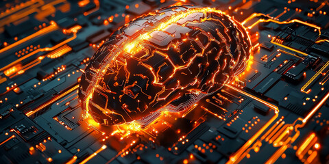 Abstract brain and binary code circuit on blue wallpaper. Chip, data, ai, and future concept