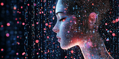 Abstract brain and binary code circuit on blue wallpaper. Chip, data, ai, and future concept