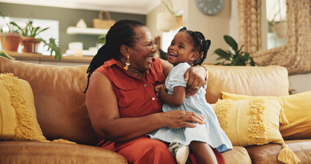 Poster - Smile, grandmother and hug child at house for bonding, love and care together for family support on sofa. Happy, black woman and girl with embrace for funny joke, comic and retirement in lounge