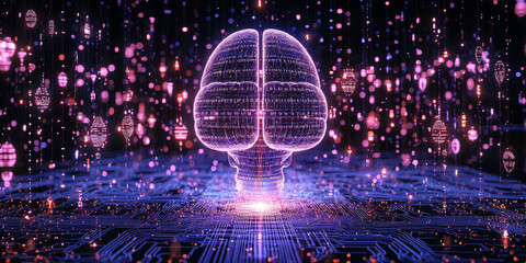 Abstract brain and binary code circuit on blue wallpaper. Chip, data, ai, and future concept