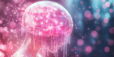 Abstract brain and binary code circuit on blue wallpaper. Chip, data, ai, and future concept