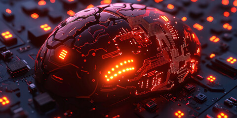 Abstract brain and binary code circuit on blue wallpaper. Chip, data, ai, and future concept