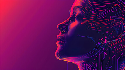 Wall Mural - Abstract portrait of a woman's face with neon circuit board lines.