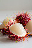 An opened rambutan fruit showing the white flesh