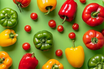 Assorted bell peppers and red tomatoes on pastel green surface, top view flat lay composition