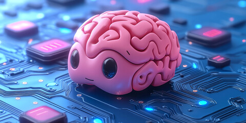 Abstract brain and binary code circuit on blue wallpaper. Chip, data, ai, and future concept