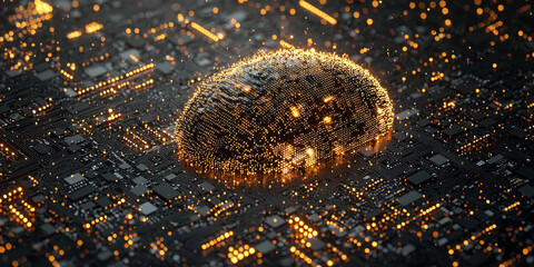 Abstract brain and binary code circuit on blue wallpaper. Chip, data, ai, and future concept