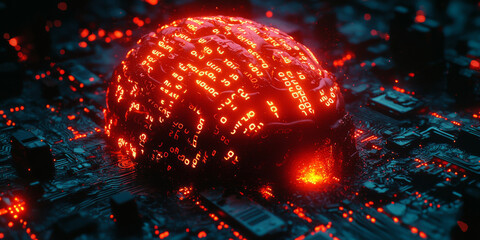 Abstract brain and binary code circuit on blue wallpaper. Chip, data, ai, and future concept