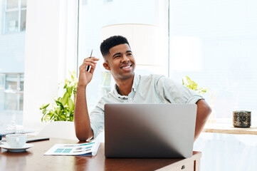 Poster - Creative, thinking and black man in office with laptop, smile and paperwork for research at digital agency. Notes, computer and happy consultant at desk with design inspiration, opportunity or ideas