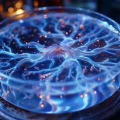 A mesmerizing display of electric currents swirling in a translucent dish, illuminated with glowing blue light.