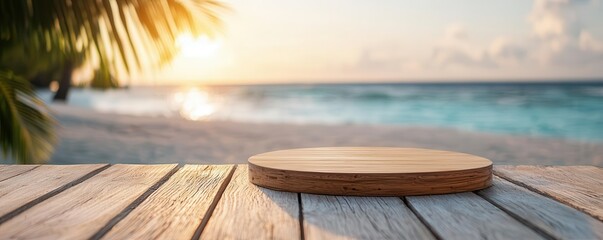 Wall Mural - Empty wooden podium on a tropical beach at sunset, summer podium, vacation destination