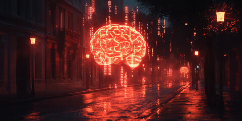 Abstract brain and binary code circuit on blue wallpaper. Chip, data, ai, and future concept