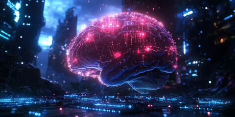 Abstract brain and binary code circuit on blue wallpaper. Chip, data, ai, and future concept