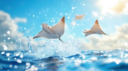 Wall Mural - Elegant mobula rays soar above the sea in this stunning K hyperrealistic image, capturing natures beauty in motion.