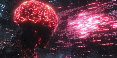 Abstract brain and binary code circuit on blue wallpaper. Chip, data, ai, and future concept