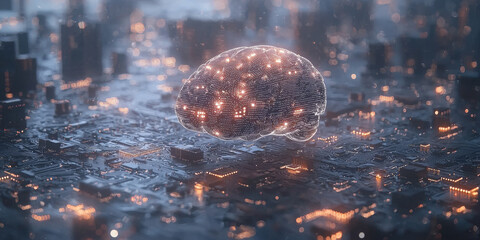 Abstract brain and binary code circuit on blue wallpaper. Chip, data, ai, and future concept