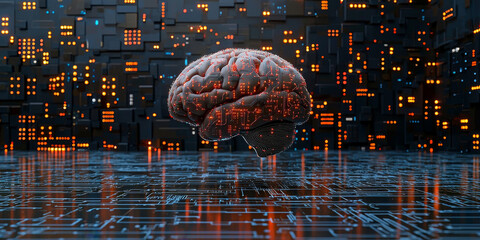 Abstract brain and binary code circuit on blue wallpaper. Chip, data, ai, and future concept
