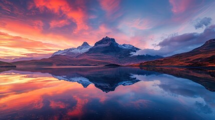 Wall Mural - Stunning Sunset Over Mountain Range Reflecting in Calm Lake with Vibrant Sky and Clouds