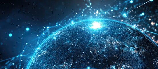 Poster - Digital Connectivity and Network Solutions Rotating Blue Planet with Business Insights 3D Earth Technology and Data Processing Visualization