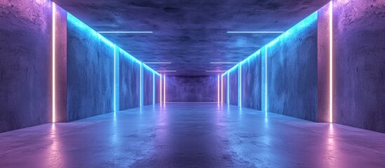 Poster - Futuristic Abstract Sci Fi Corridor with Illuminated Empty Space for Product Displays Modern Cement Floor and Wall Interior Concept 3D Render