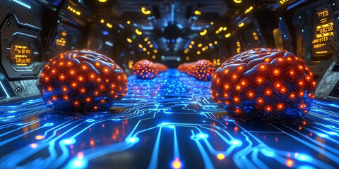 Abstract brain and binary code circuit on blue wallpaper. Chip, data, ai, and future concept