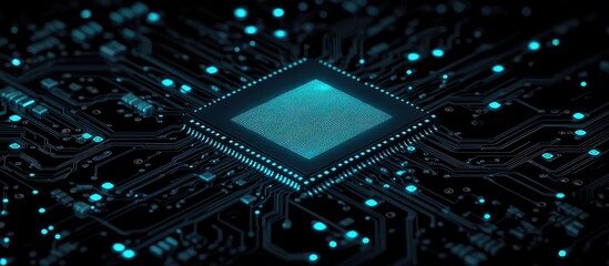 Poster - Stylized microchip design featuring a central processing unit that outlines a countryAfAfA A AfA A A s shape on a black background Ideal for technology and innovation themes