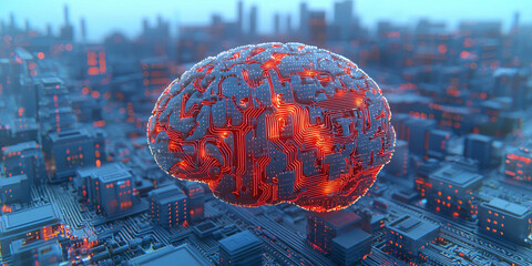 Abstract brain and binary code circuit on blue wallpaper. Chip, data, ai, and future concept