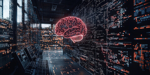 Abstract brain and binary code circuit on blue wallpaper. Chip, data, ai, and future concept