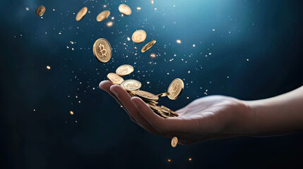 Hand catching falling gold coins in a dark background symbolizing wealth, fortune, success, and financial opportunities.