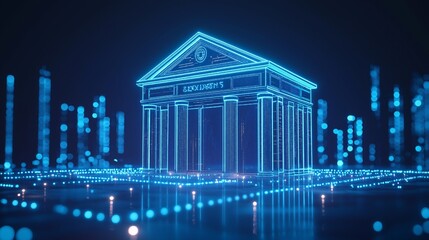 luminous blue digital bank symbol on a mock-up background of blue. The idea of online banking and transactions. Rendering in 3D