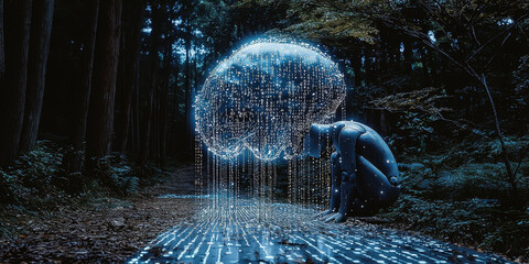 Abstract brain and binary code circuit on blue wallpaper. Chip, data, ai, and future concept