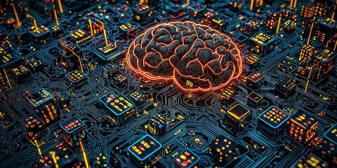 Abstract brain and binary code circuit on blue wallpaper. Chip, data, ai, and future concept