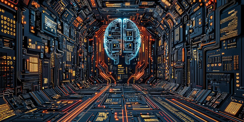 Abstract brain and binary code circuit on blue wallpaper. Chip, data, ai, and future concept